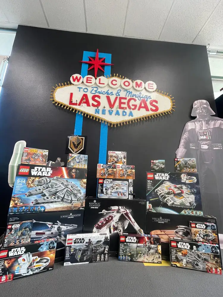 Boxed LEGO® Star Wars sets displayed below the Las Vegas store sign.