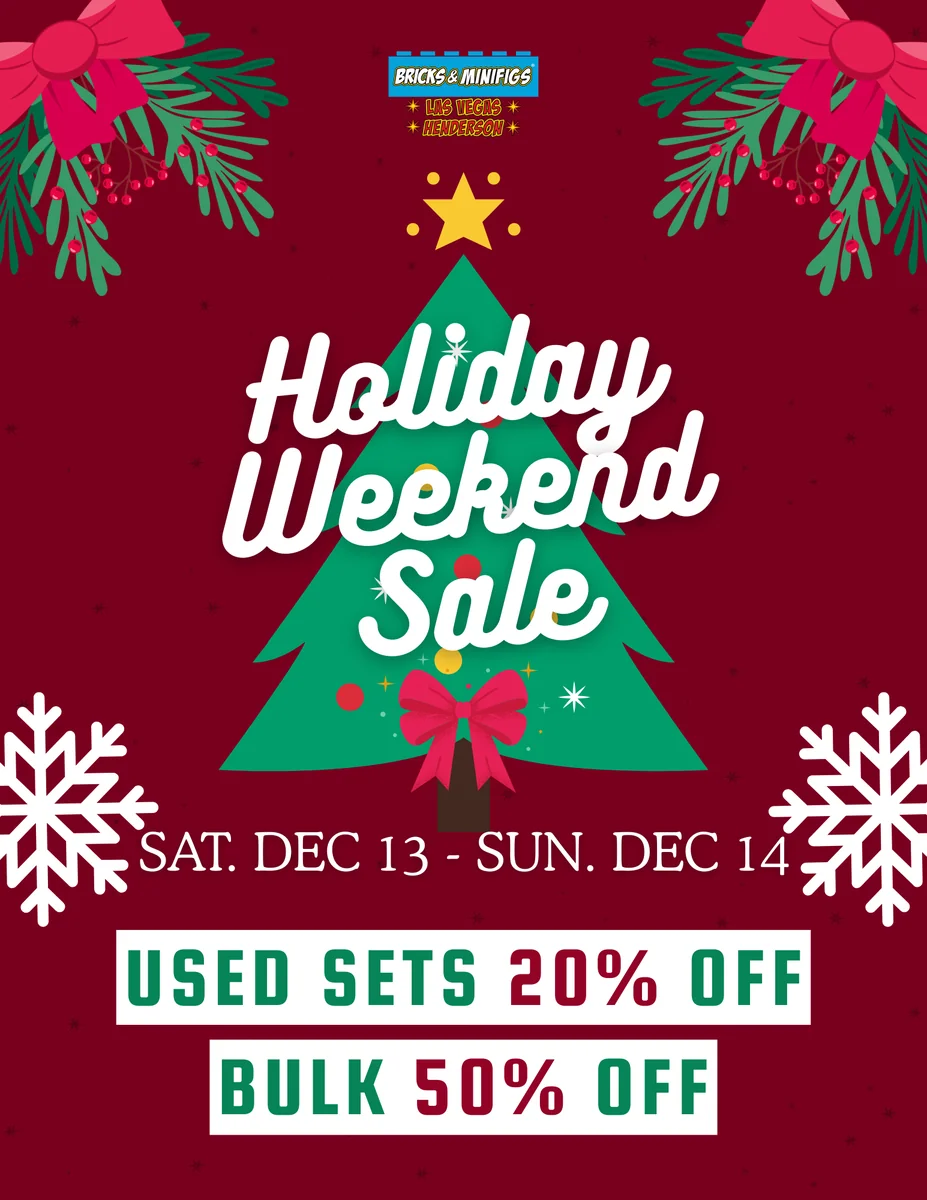 Archived holiday-weekend flyer advertising discounts on used sets and bulk bricks.