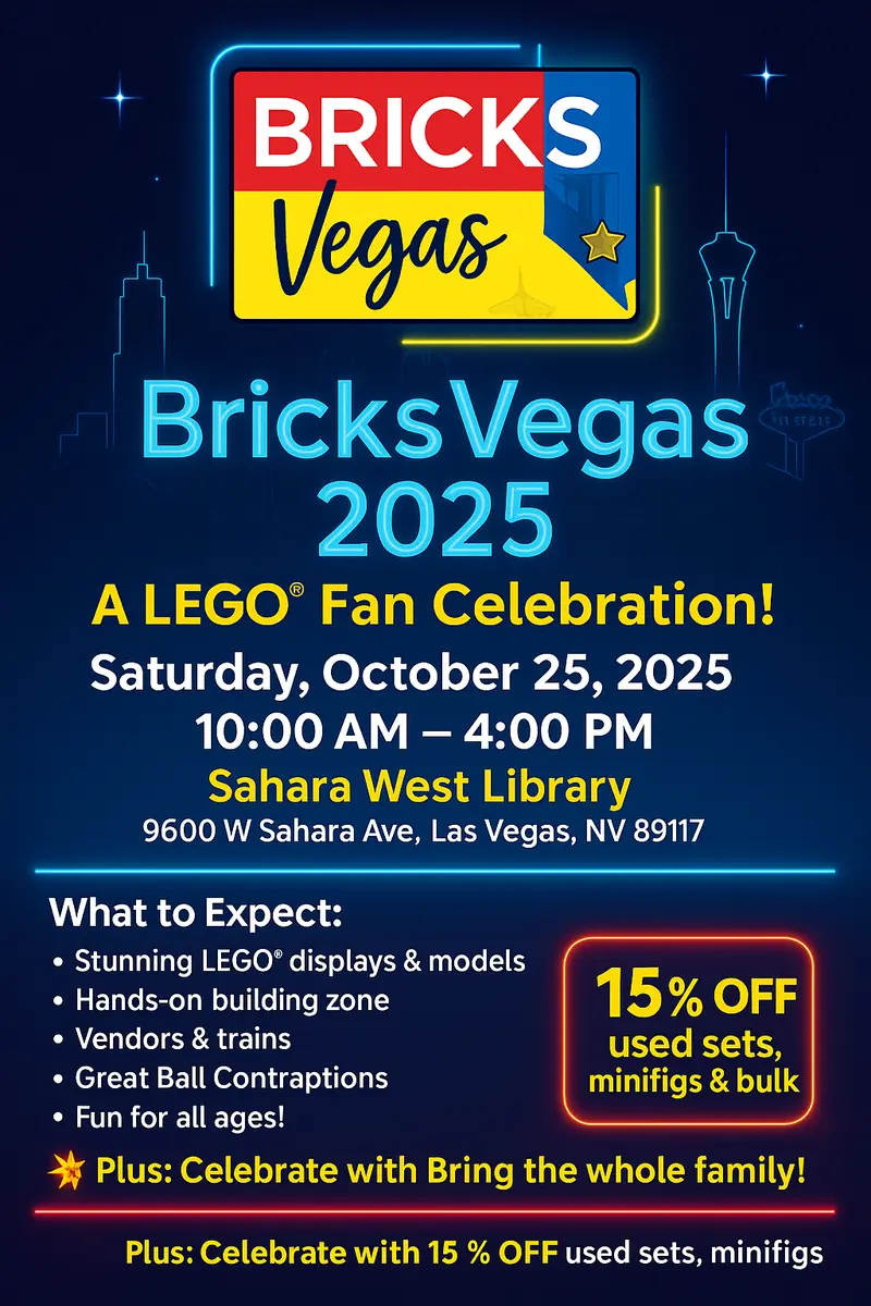 Archived BricksVegas 2025 event flyer with the library venue, event time and activities.