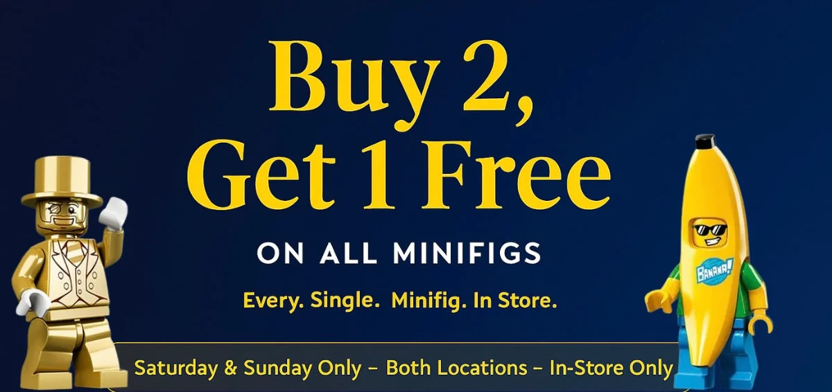 Archived promotional graphic: Weekend Flash Sale — Buy 2 Get 1 Free on All Minifigs.