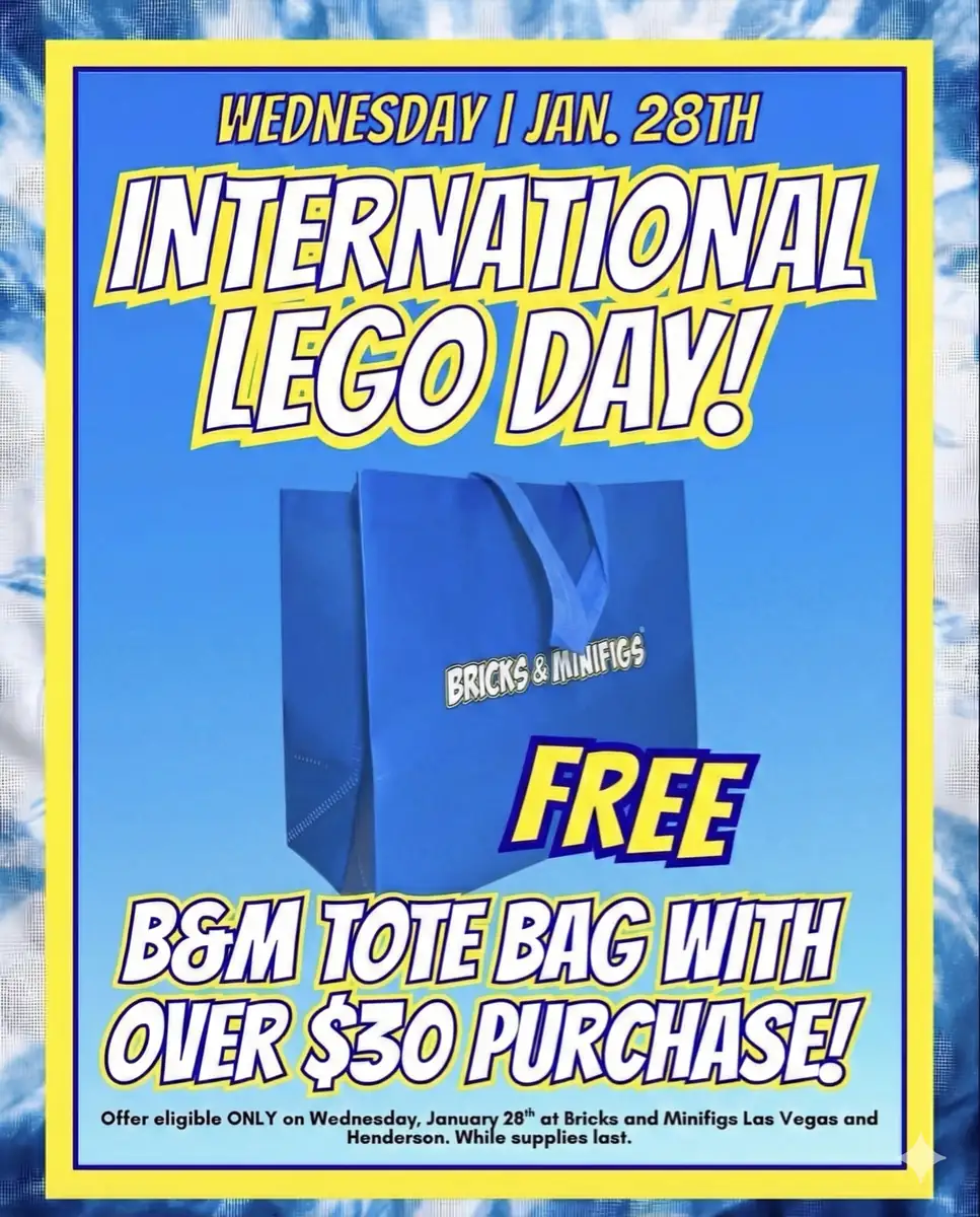 Archived promotional graphic: Free Tote Bag for International LEGO® Day at Bricks & Minifigs Las Vegas and Henderson.