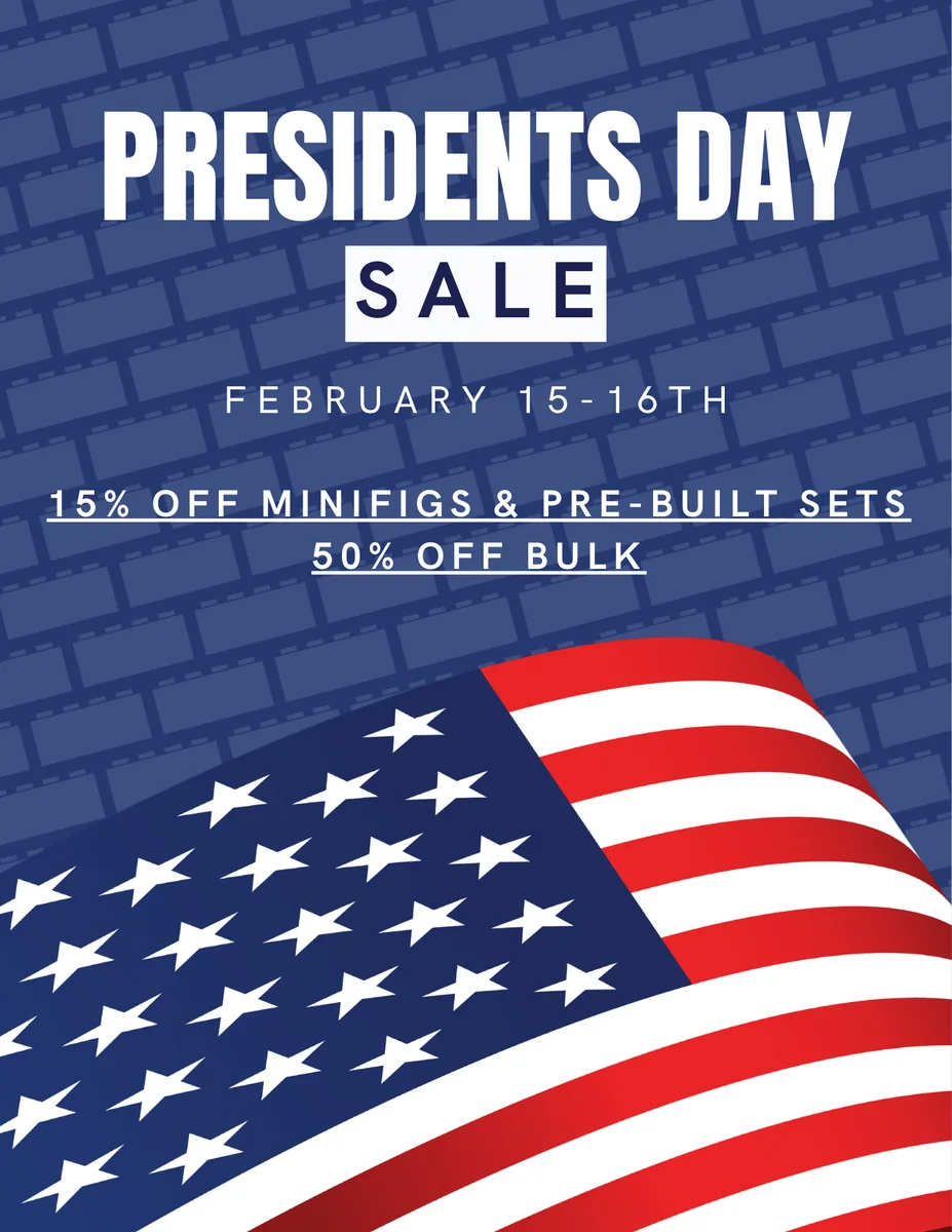 Archived Presidents Day sale flyer with discounts on minifigures, pre-built sets and bulk.