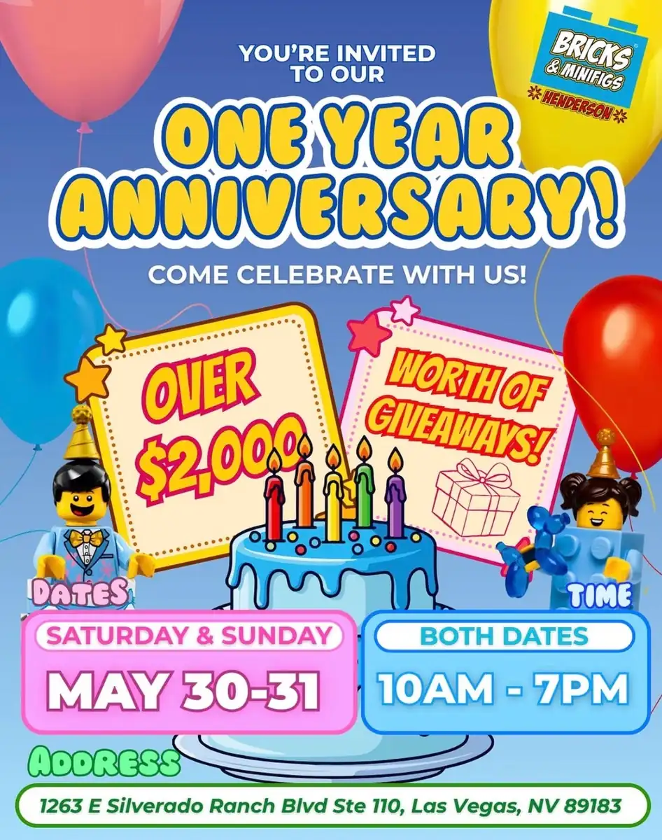 Archived promotional graphic: Bricks & Minifigs Henderson One Year Anniversary — Over $2,000 worth of giveaways, May 30-31, both dates 10am-7pm.