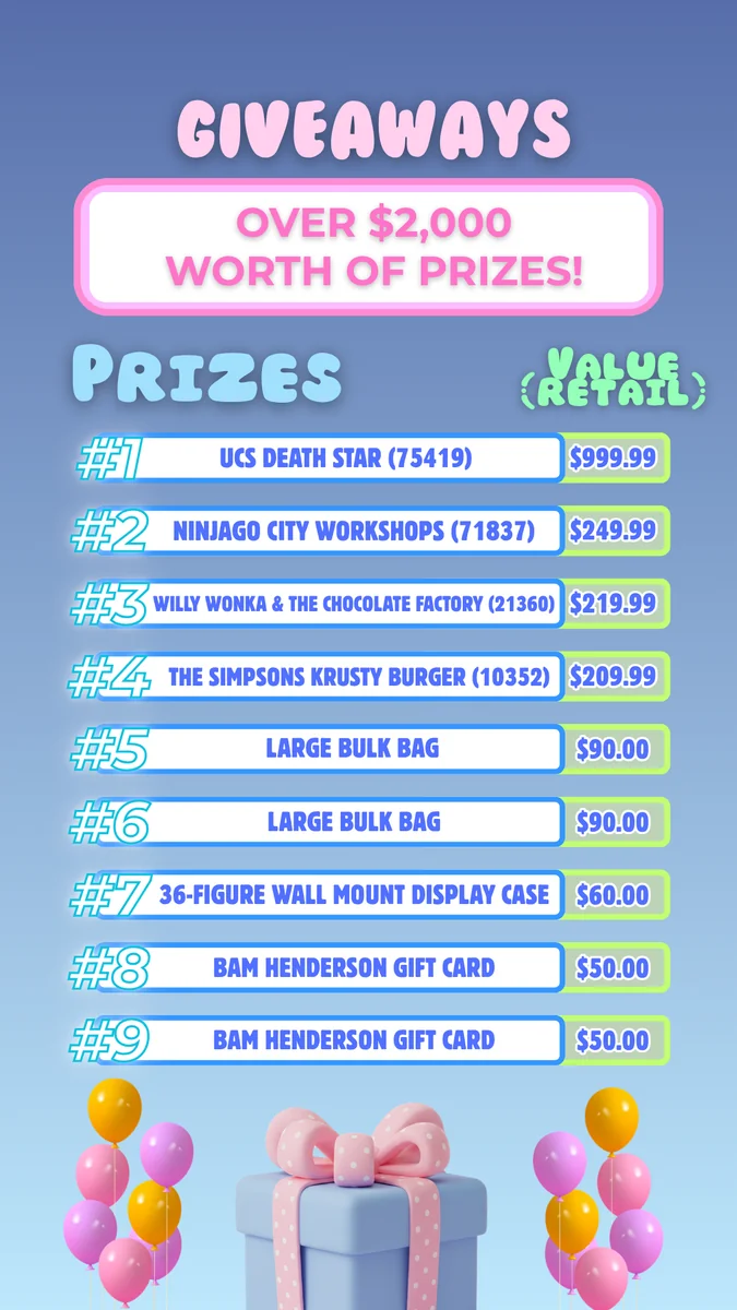 Archived promotional graphic: Anniversary giveaway prize list — $2,000+ worth of LEGO® prizes including UCS Death Star, Ninjago City Workshops, Willy Wonka, Krusty Burger, bulk bags, display case, and BAM Henderson gift cards.