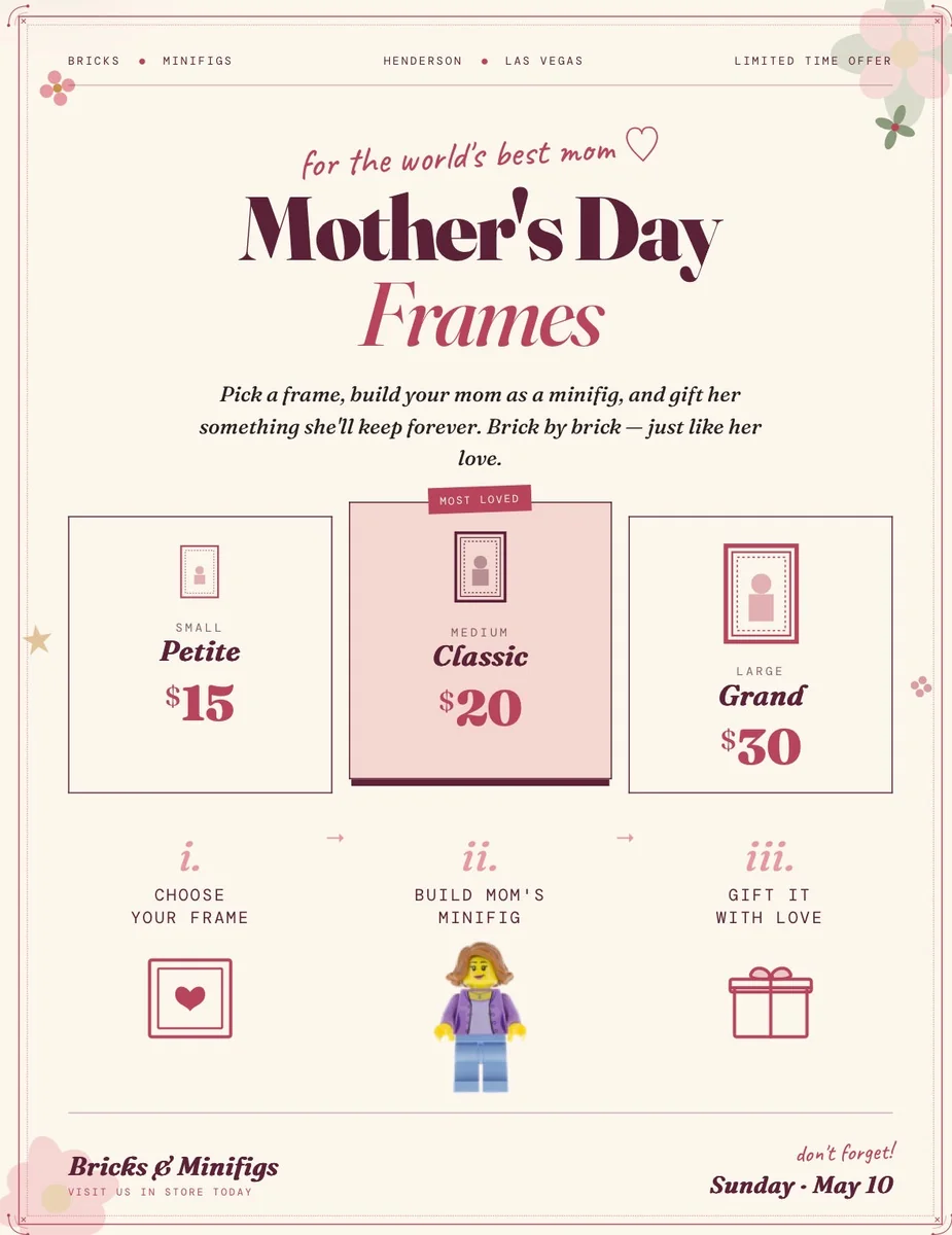Archived promotional graphic: Mother's Day Frames at Bricks & Minifigs Las Vegas and Henderson.