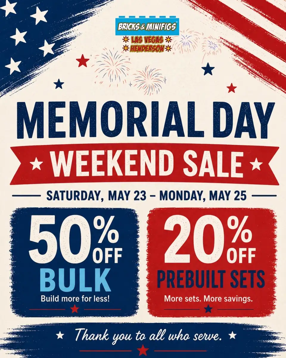 Archived promotional graphic: Memorial Day Weekend Sale at Bricks & Minifigs Las Vegas and Henderson — 50% off bulk, 20% off pre-built sets, May 23-25.