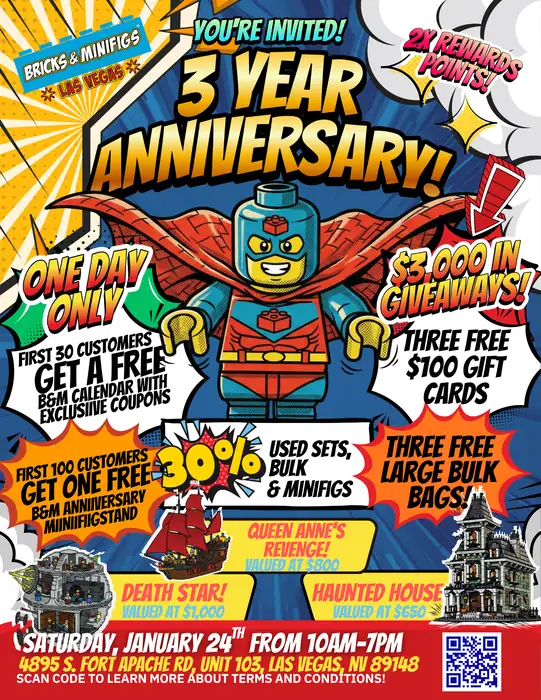 Archived third-anniversary flyer with giveaway and sale details for the January event.