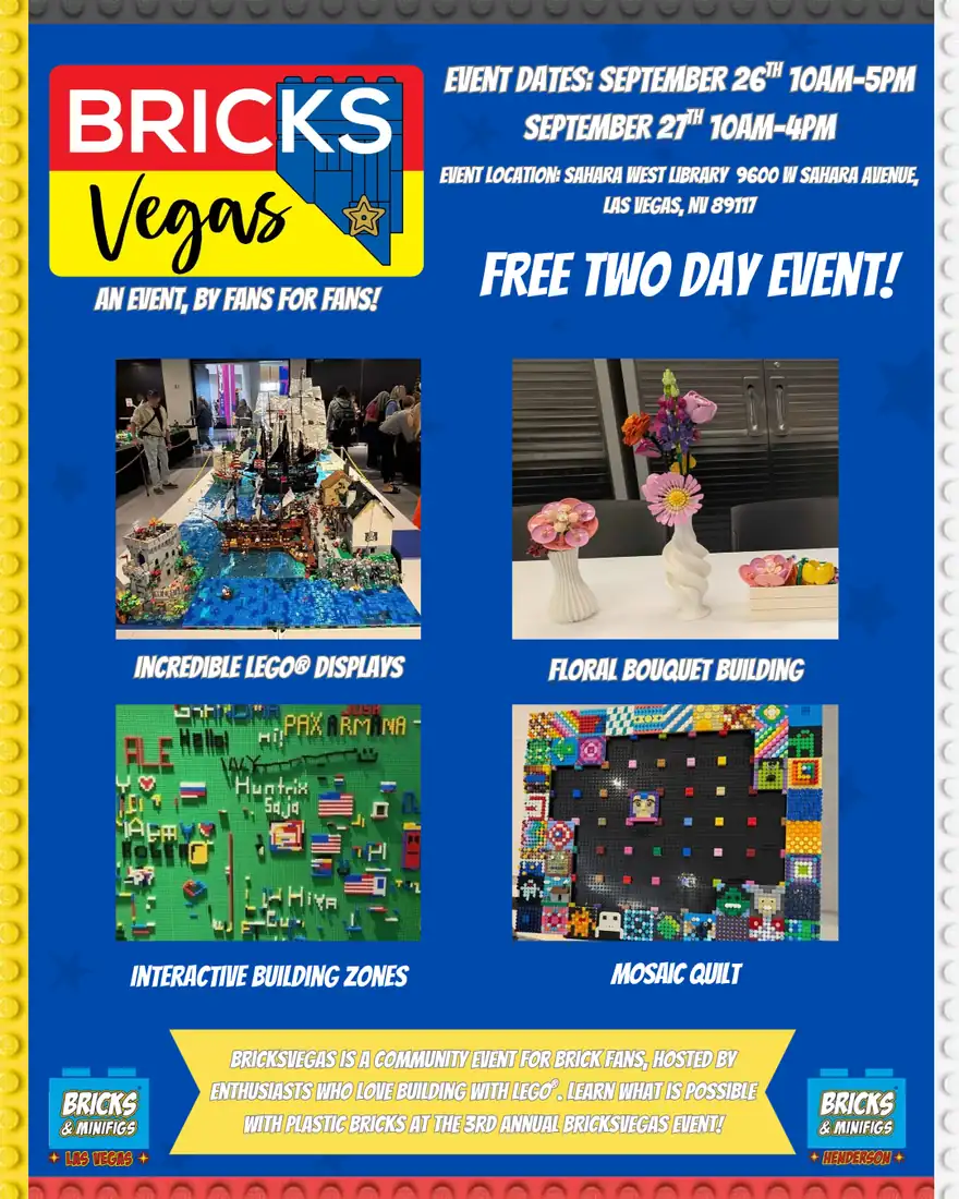 BricksVegas 2026 event flyer featuring building activities, vendors and a two-day event.