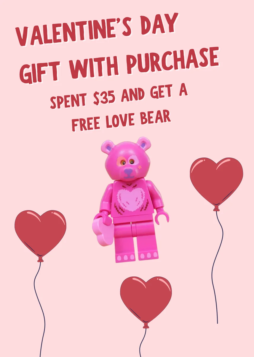 Archived promotional graphic: Valentine's Day Gift With Purchase Love Bear Minifigure.
