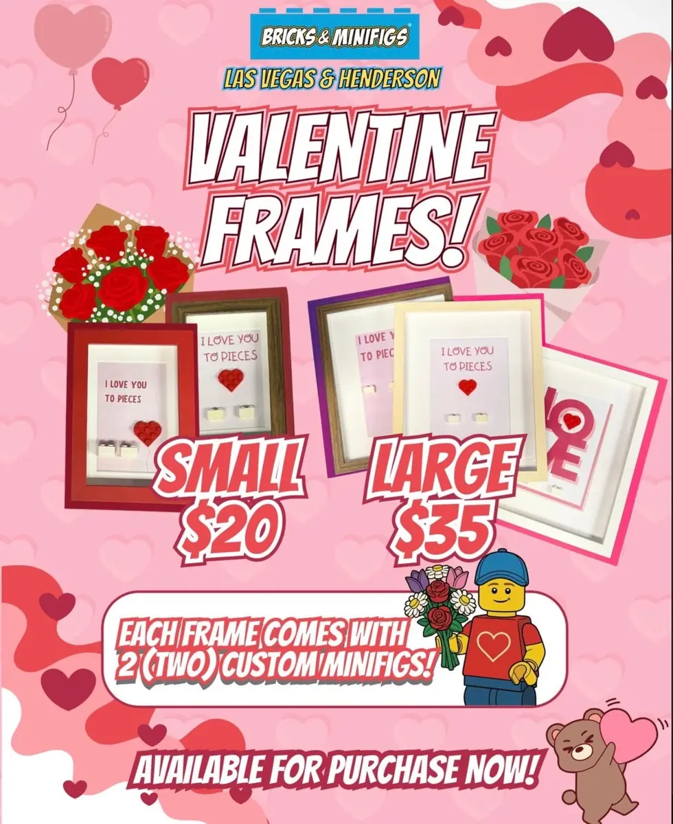Archived promotional graphic: LEGO® Valentine's Day Frames available at Bricks & Minifigs.